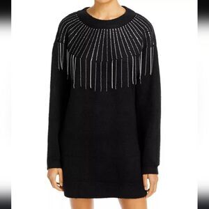 AQUA Rhinestone Fringe Black Sweater Dress Size Small,‎ NWT